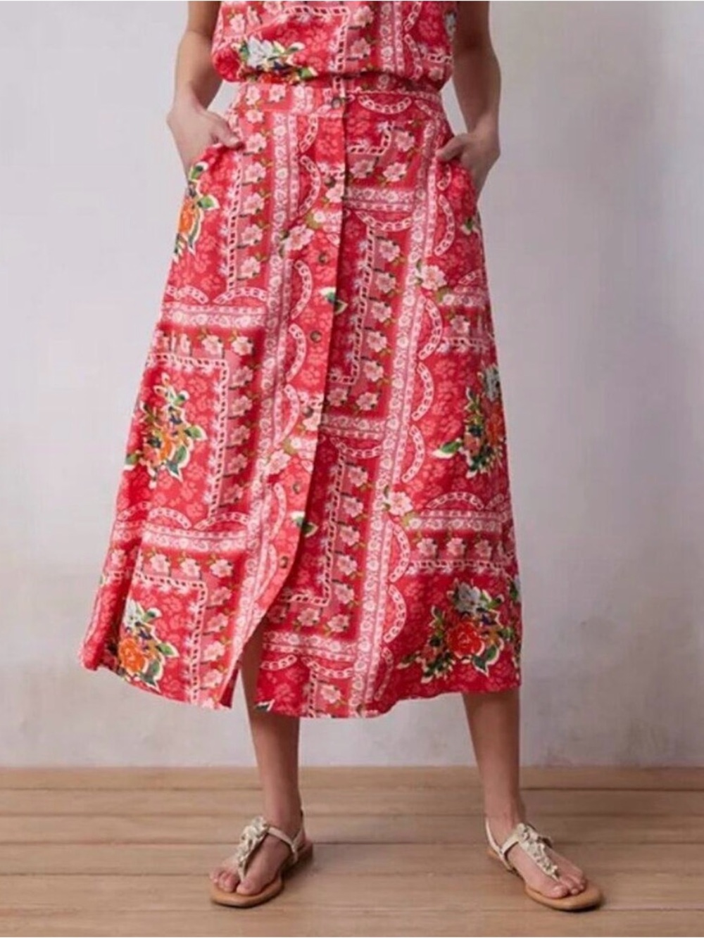 LC Lauren Conrad Coral Red Floral Button-Front Midi Skirt
